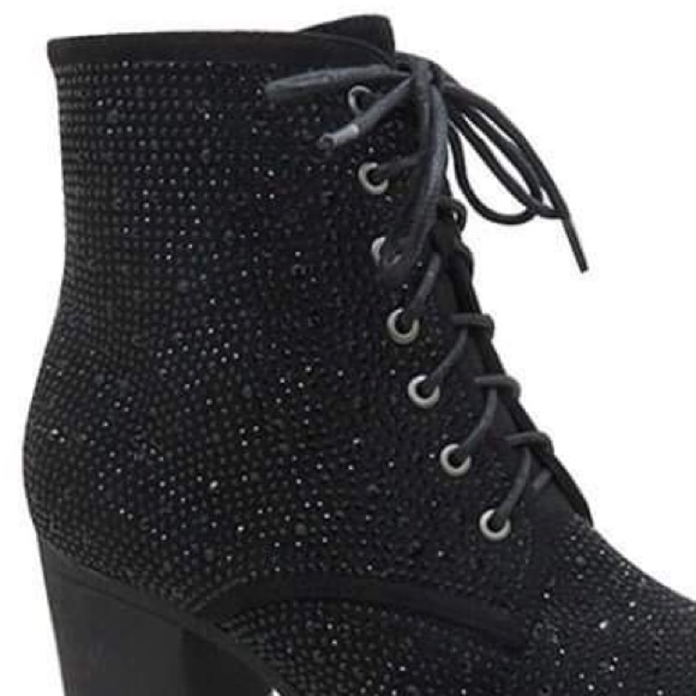 SIZE 11 Italina Black Metallic Glitter Rhinestone Embellished Combat Bootie - Picture 4 of 7